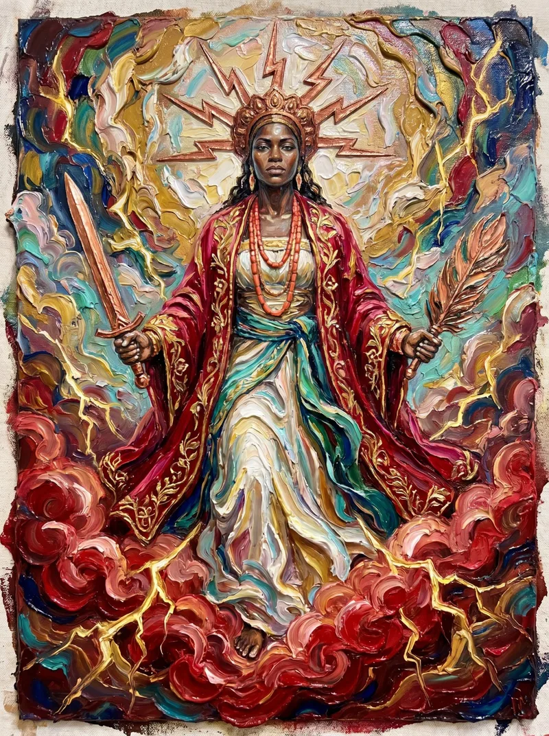 Senhora dos Ventos, Rainha das Tempestades, Mãe do Rio Níger, Dona dos Raios, Matamba, Protetora contra Tempestades