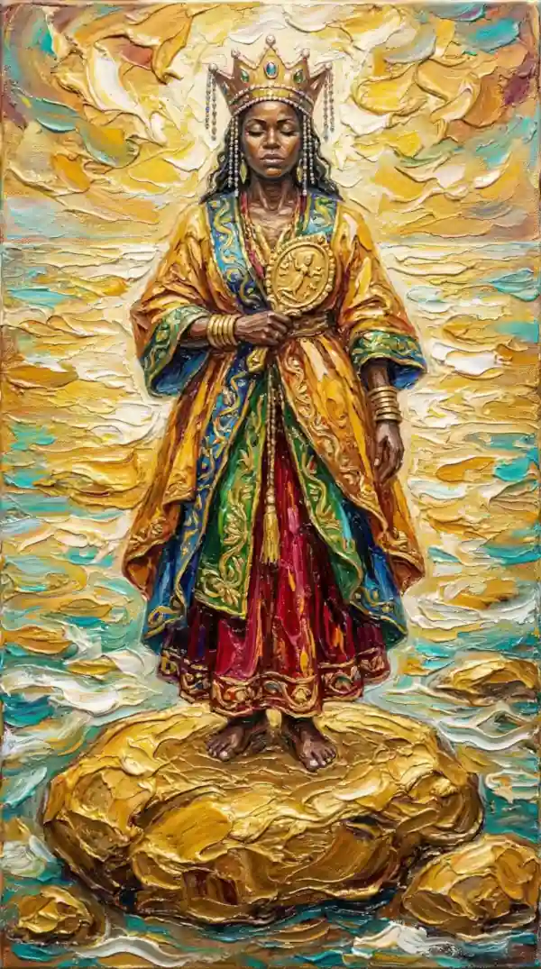 Rainha das Águas Doces, Senhora da Fertilidade, Mãe do Ouro, Guardiã da Diplomacia, Regente do Amor e da Abundância Material.